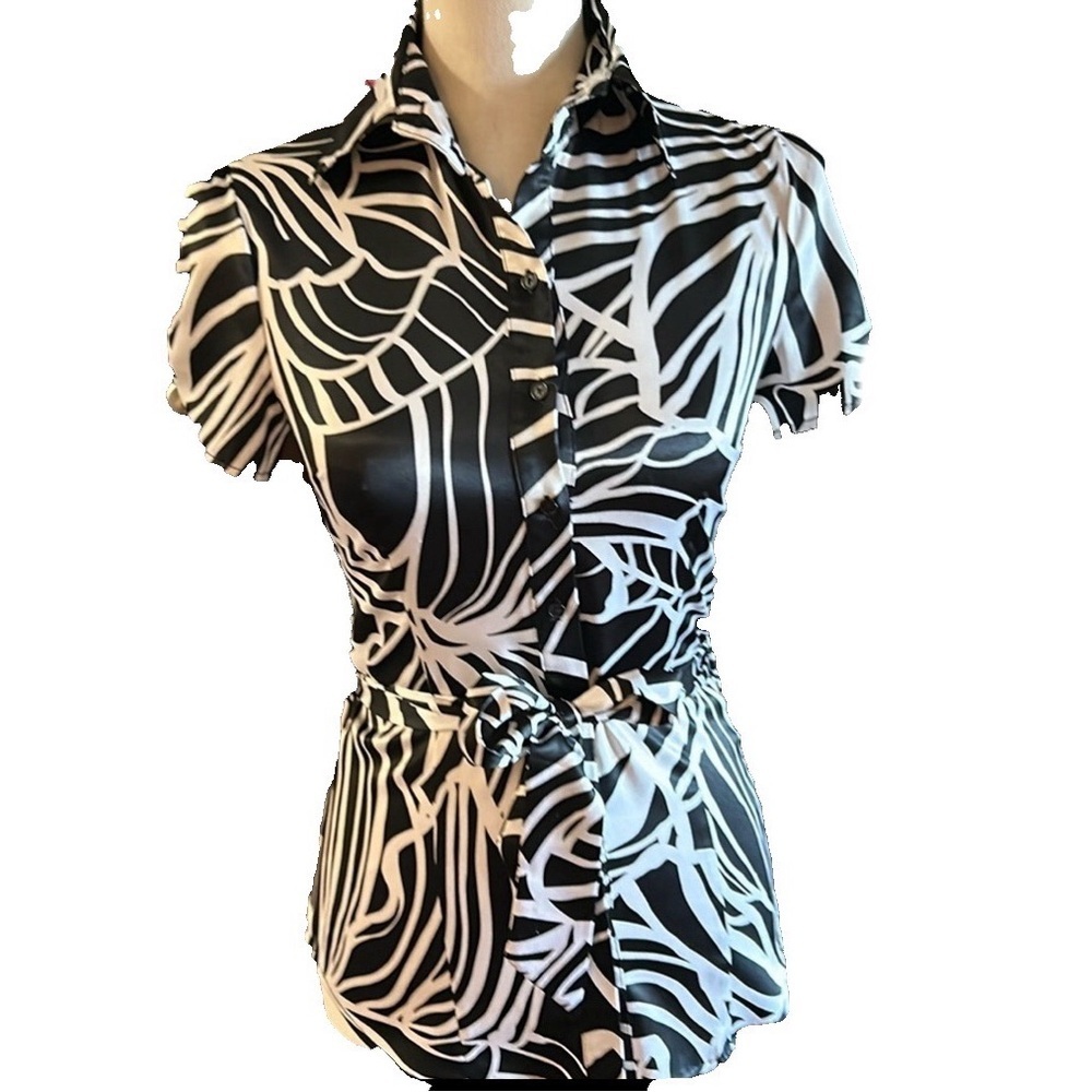 EUC BCS size small black and white pattern satin shirt blouse with tie belt.